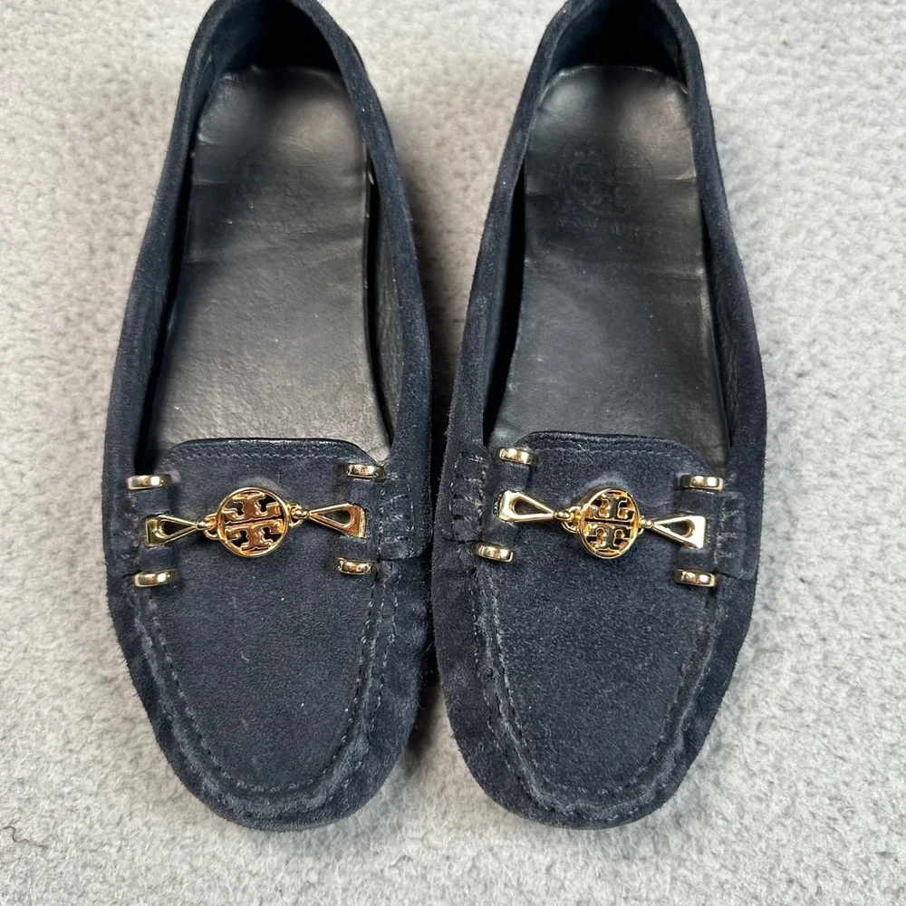 Tory Burch Driving Loafers Women's 7M Navy Suede Gold Logo Moccasin Flats